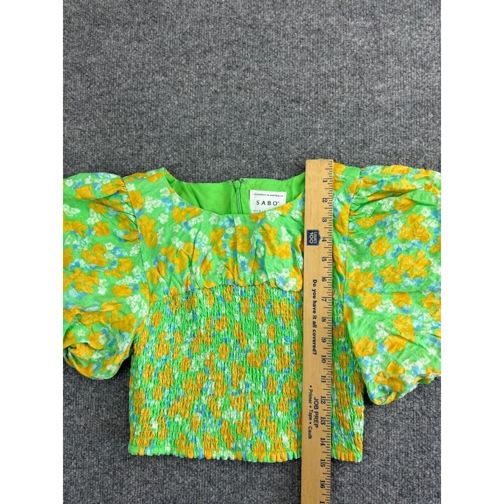 Sabo Australia Blouse Women's Small Green Puff Sleeve Cropped 100% Cotton - Picture 3 of 8